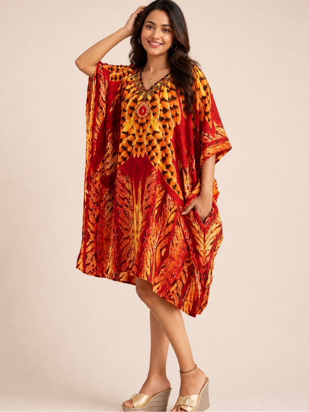 Yellow Feather Print Kaftan Dress One Size Fits Most Boho Caftan with Pockets